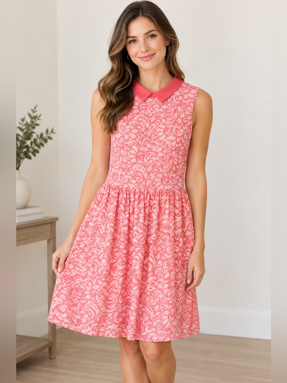 Betsey Johnson Coral Pink Lace Sleeveless Dress with Peter Pan Collar
